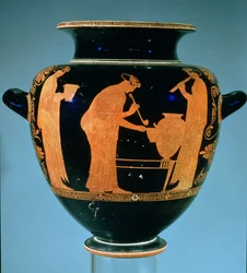 Attic red-figure stamnos decorated with women serving wine and making music, by the Villa Painter